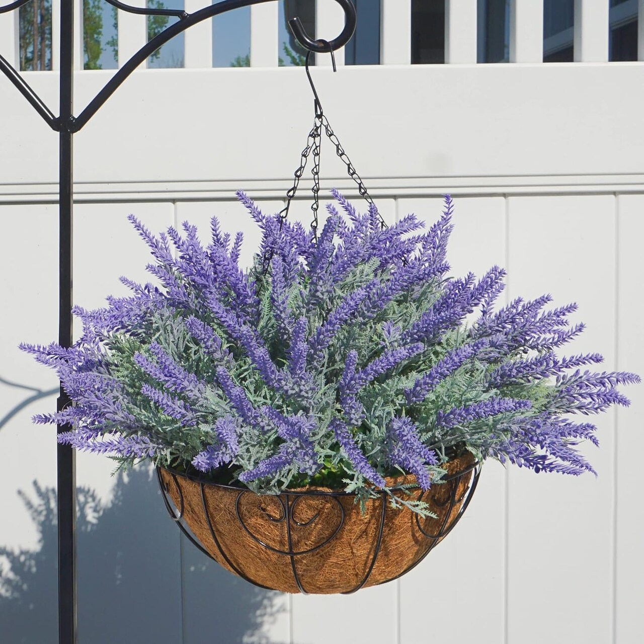 Artificial Faux Outdoor Hanging Flowers Plants Basket for Porch Spring Decoration, 12 Bundlies Fake UV Resistant Lavender with Coconut Lining Baskets for Home Patio Balcony Yard